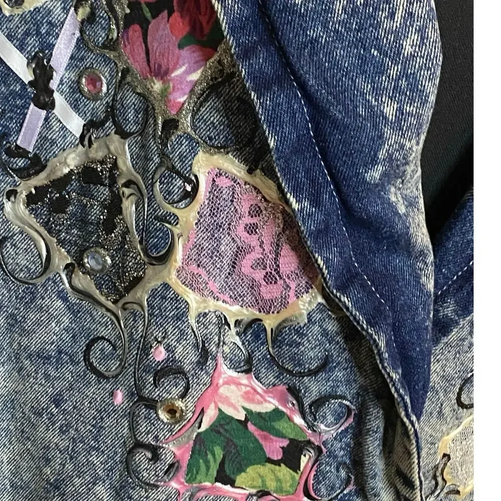 Vtg Acid Wash‎ Denim embellished Benningtons New York Duster Trench 80s M